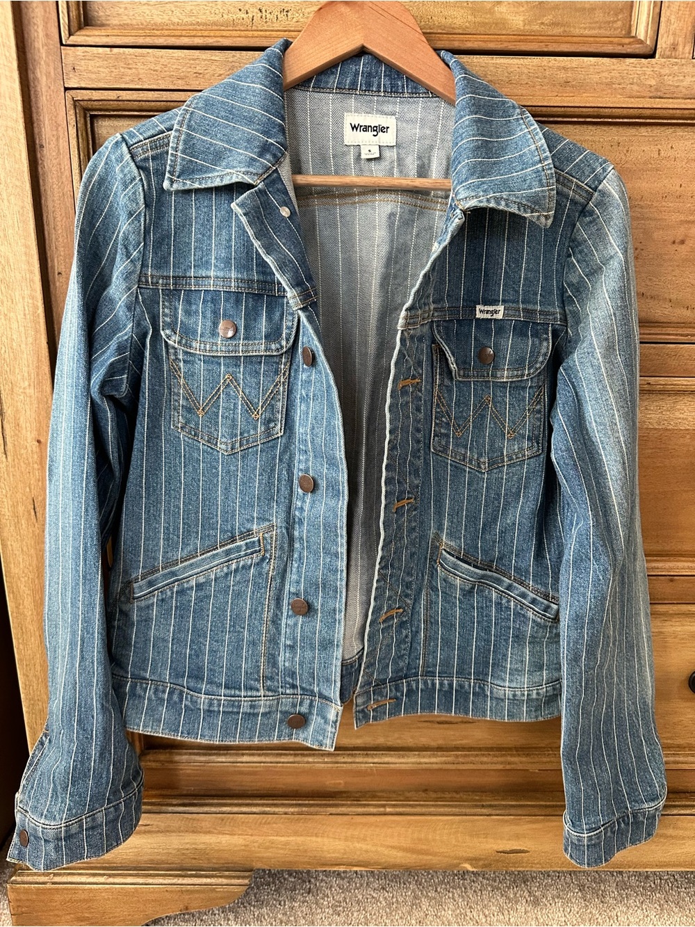 Wrangler Women's Blue Pinstriped Denim Trucker Jacket